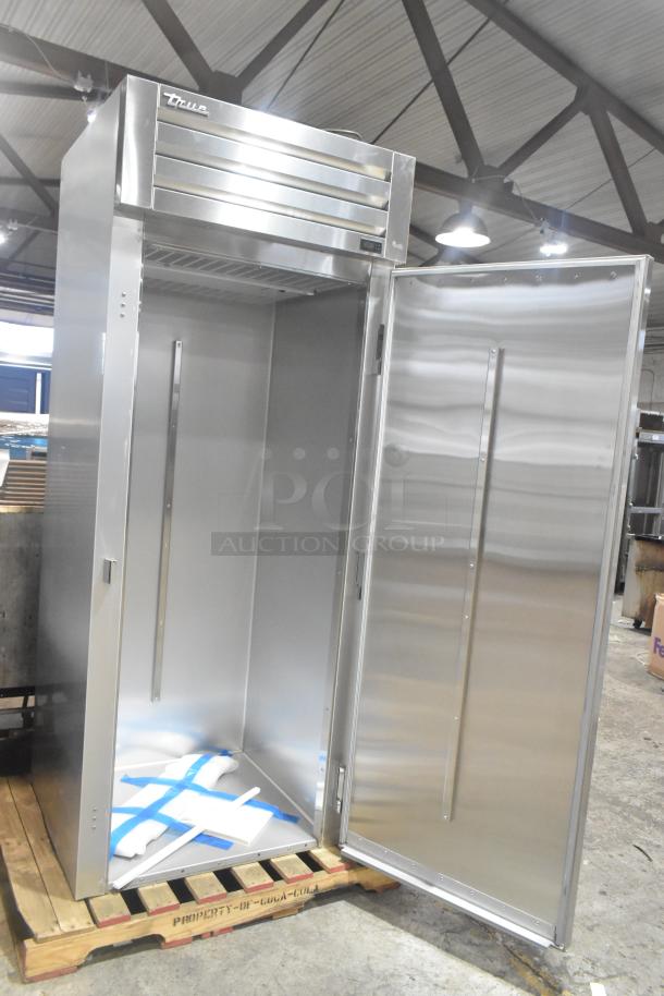 Brand new 2025 True STG1RRI89-1S-HC commercial single door roll-in rack cooler, stainless steel, 120V, on pallet.
