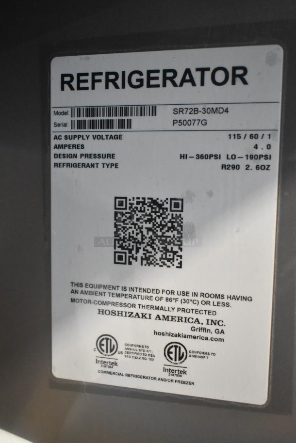 Label on Hoshizaki SR72B-30MD4 refrigerator, 115V, featuring ETL certification and refrigerant details, model SR72B-30MD4.