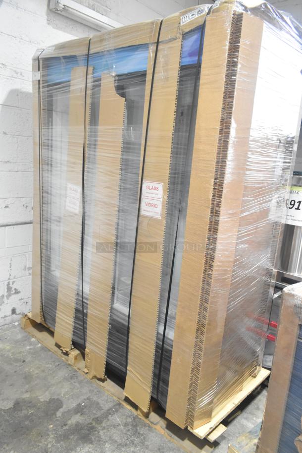 Brand new Hoshizaki RM-49-HC 2-door cooler, 115V, on pallet, wrapped with labels noting caution for glass, minor packaging dents.