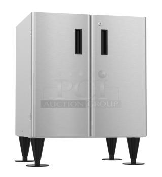 Brand new 2024 Hoshizaki SD-500 icemaker/dispenser stand with lockable doors, stainless steel finish, on sturdy legs.