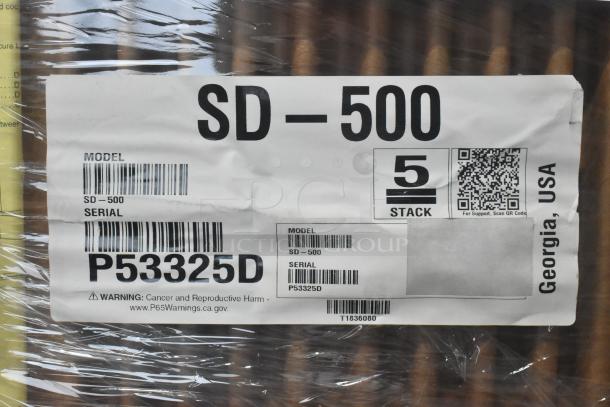 2024 Hoshizaki SD-500 Icemaker/Dispenser Stand label with model and serial numbers, packaged in protective film.