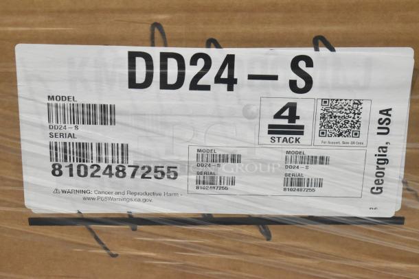 Brand new Hoshizaki DD24-S kegerator packaging showing model and serial number. Made for commercial use. 115 volts, 1 phase.