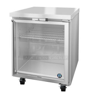 2024 Hoshizaki UF27B-GLP01 undercounter cooler, brand new, scratch and dent, 115V, single door, glass front, casters.