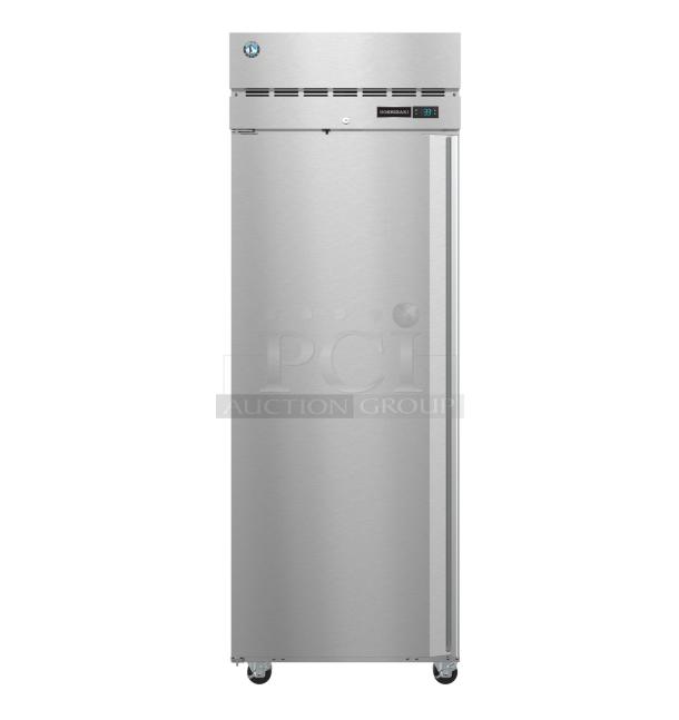 BRAND NEW SCRATCH AND DENT! 2025 Hoshizaki R1A-FSL commercial single door cooler, 115V, stainless steel, label visible.