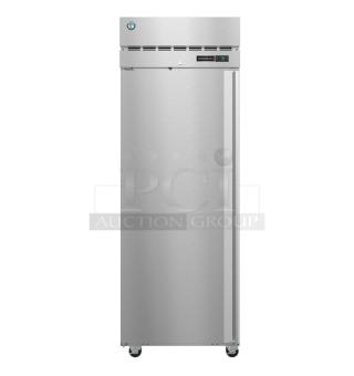 BRAND NEW SCRATCH AND DENT! 2025 Hoshizaki R1A-FSL commercial single door cooler, 115V, stainless steel, label visible.