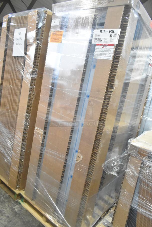 Brand new 2025 Hoshizaki R1A-FSL reach-in cooler in packaging. Scratch and dent condition. Model label visible. 115V, 1 phase.