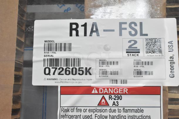 Label for 2025 Hoshizaki R1A-FSL Reach In Cooler, serial Q72605K; caution warnings and handling instructions visible.