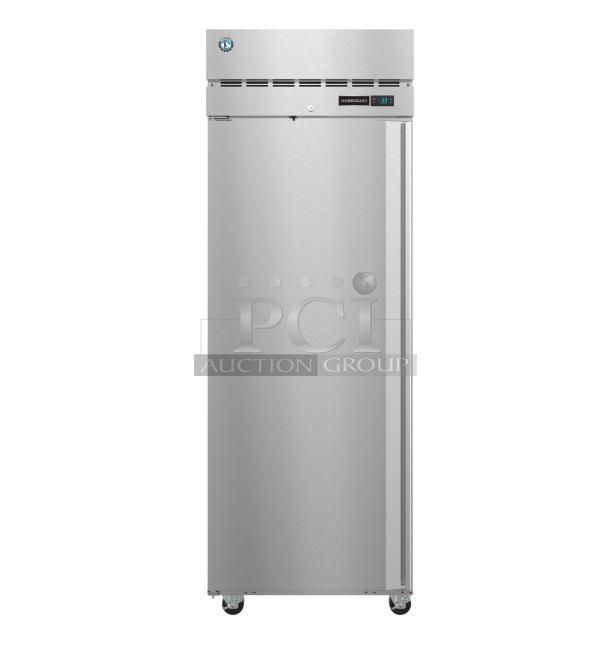 Brand new Hoshizaki R1A-FSL commercial single-door cooler, stainless steel, 115V, 1 phase, with minor scratches and dents.