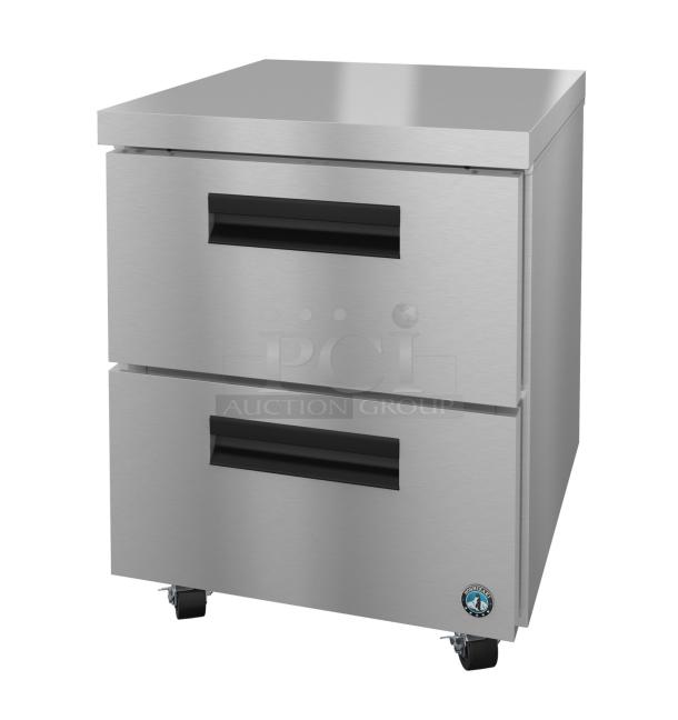 Brand new 2024 Hoshizaki UR27B-D2 undercounter cooler, two drawers, minor scratches, 115V, 1 phase, durable stainless steel.
