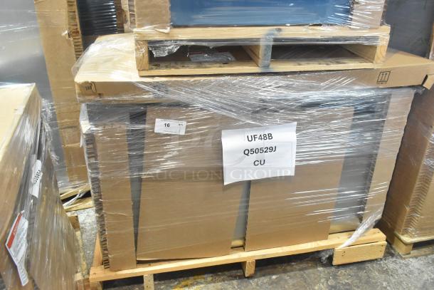 Brand new 2025 Hoshizaki UF48B commercial 2-door undercounter cooler, 115V, 1 Phase, in original packaging, showing scratch and dent condition.