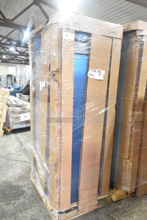 Brand new 2024 Hoshizaki R1A-FSL single door cooler, scratch and dent condition, on pallet, wrapped in plastic.