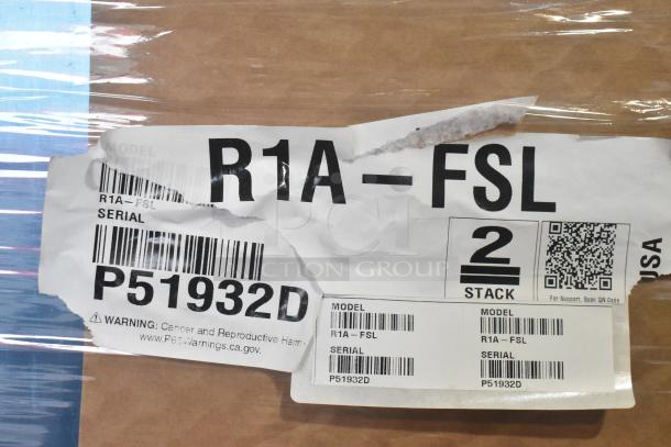 Label on Hoshizaki R1A-FSL cooler shows model number and serial P51932D; condition noted as scratch and dent.