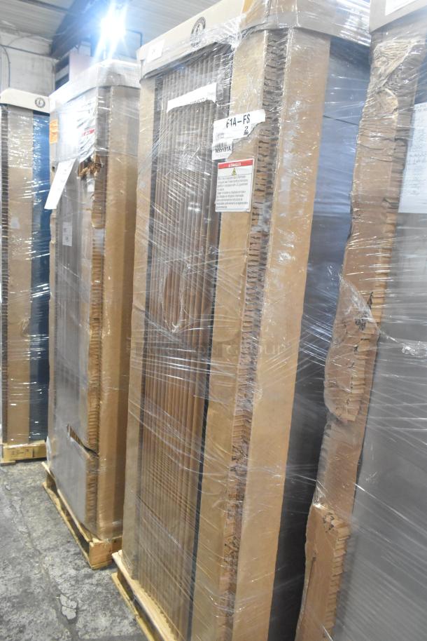 Brand new Hoshizaki F1A-FS commercial single door freezer with visible packaging, scratch and dent condition, 115V, 1 Phase.