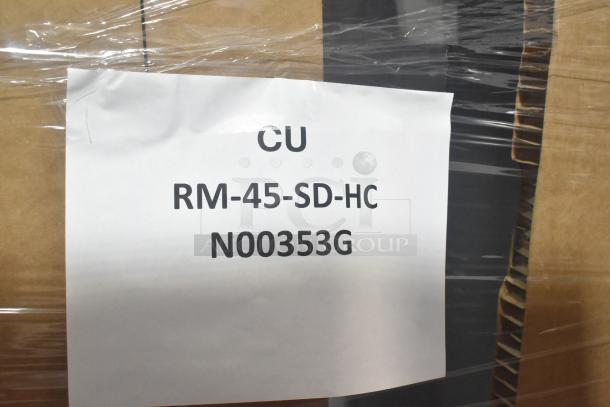 Hoshizaki RM-45-SD-HC commercial cooler, brand new with minor scratches, 2-door, 115 volts, model RM-45-SD-HC label.