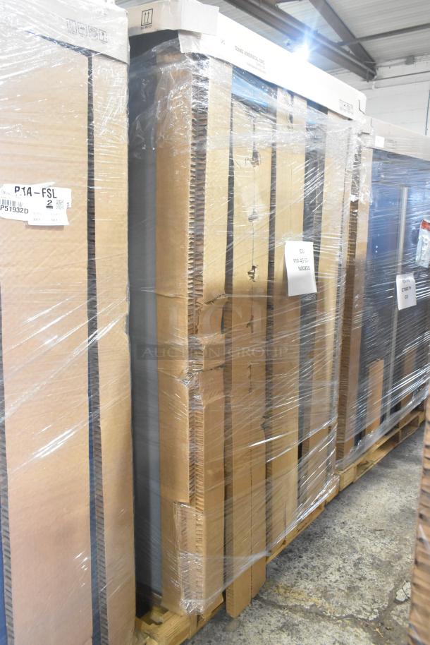 Brand new Hoshizaki RM-45-SD-HC commercial cooler, 2 doors, 115V, 1 Phase, boxed with minor damage visible, labels partially shown.