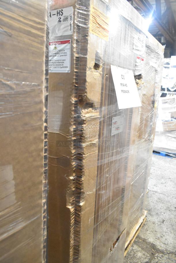 Brand new 2023 Hoshizaki R1A-HS cooler with minor packaging dents. Two half doors, 115V, 1-phase. Labels visible.