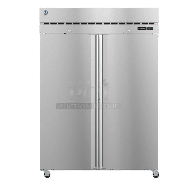 2026 Hoshizaki F2A-FS commercial 2-door cooler, new scratch and dent, 115V, 1 phase. Stainless steel, model label visible.