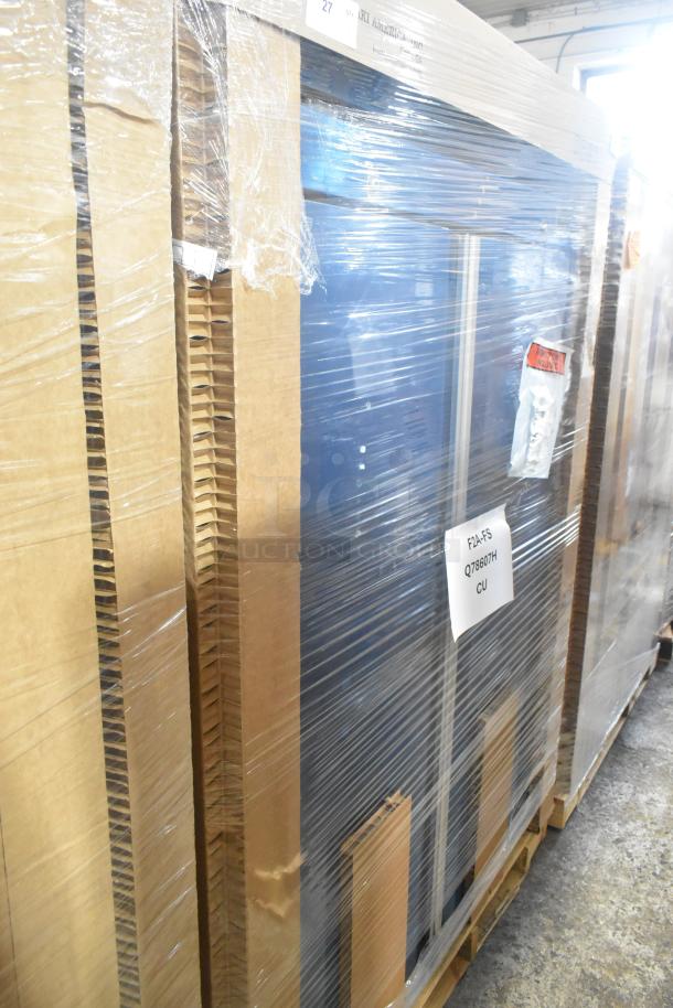 Brand new 2026 Hoshizaki F2A-FS 2-door reach-in cooler with scratches and dents, 115 volts, 1 phase, wrapped and labeled.