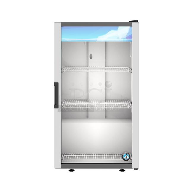 2023 Hoshizaki RM-7-HC mini cooler, commercial single door, scratch and dent, 115V, 1 Phase, glass front, three shelves.