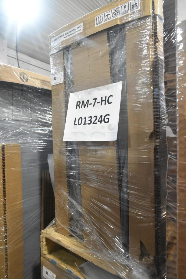Brand new 2023 Hoshizaki RM-7-HC commercial single door mini cooler in packaging. Note reads "RM-7-HC L01324G."
