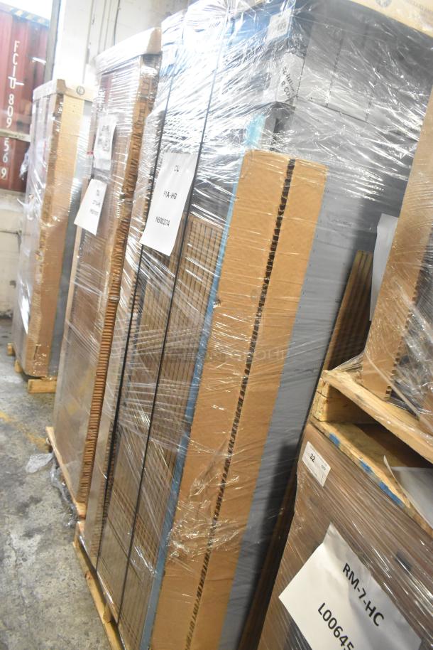 Brand new Hoshizaki F1A-HG freezer merchandiser. Features two half-size doors, 115 Volts, 1 Phase. Scratch and dent condition. Wrapped in protective packaging with visible labels.