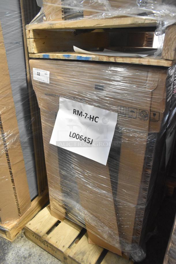 Brand new 2023 Hoshizaki RM-7-HC single door mini cooler, commercial use, 115V, 1 phase, labeled packaging on pallet.