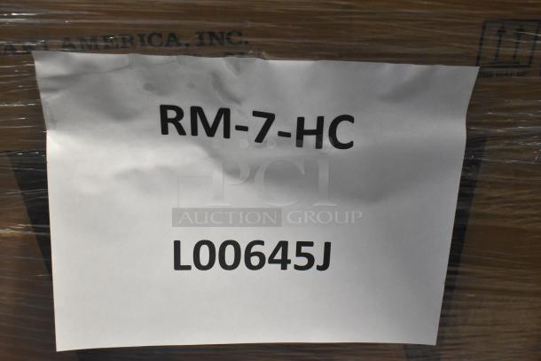 Brand new 2023 Hoshizaki RM-7-HC mini cooler. Commercial single door, 115V, 1 phase. Visible label with model and code.