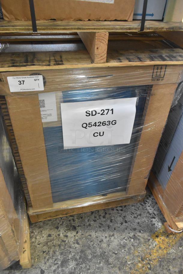 Brand new Hoshizaki SD-271 icemaker/dispenser stand, scratch and dent condition, with lockable doors, labeled model SD-271.