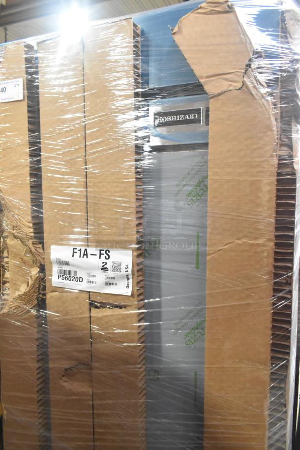 2024 Hoshizaki F1A-FS commercial freezer, single door, 115V, scratch and dent condition, visible packaging and label.