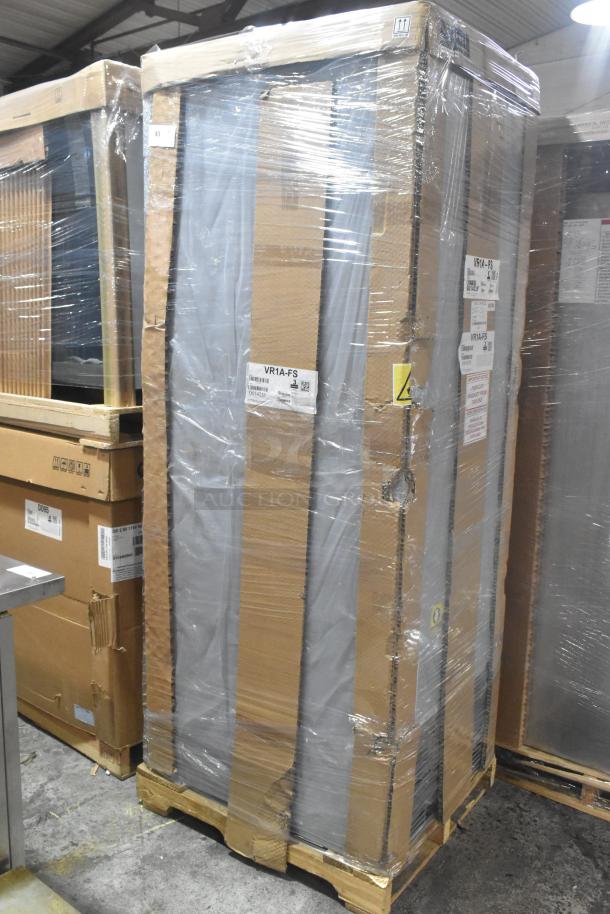Brand new Hoshizaki VR1A-FS commercial cooler in original packaging, showing minor dents. Features 115 volts, single phase.