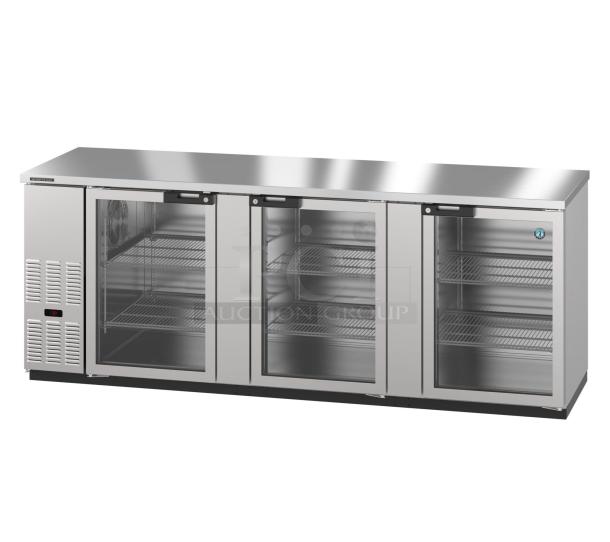 2022 Hoshizaki BB95-G-S 3-Door Back Bar Cooler, brand new with scratches and dents, 115V, ideal for commercial use.