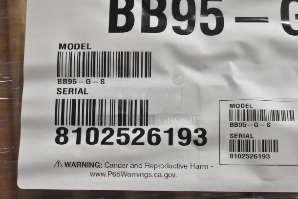 Brand new Hoshizaki BB95-G-S cooler label showing model and serial number. Includes Prop 65 warning.