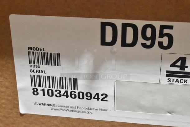 Label for Hoshizaki DD95 kegerator; model and serial number visible, with a warning about cancer risks.