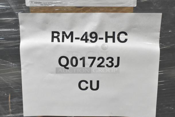 Brand new scratch and dent Hoshizaki RM-49-HC commercial cooler shown in packaging, item code Q01723J visible.