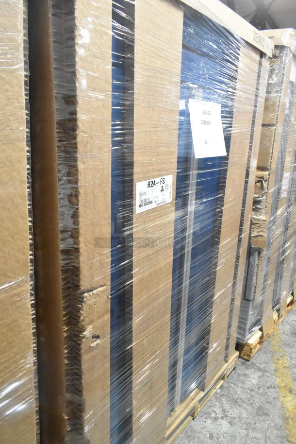 Brand new 2025 Hoshizaki R2A-FS Reach-In Cooler, 2 doors, 115V, 1 phase, in original packaging with visible scratches and dents.