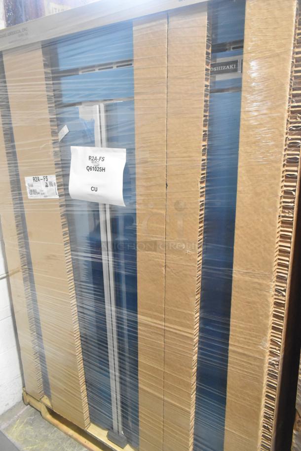 BRAND NEW SCRATCH AND DENT! 2025 Hoshizaki R2A-FS 2 Door Cooler, 115V, 1 Phase, in packaging with labels visible.