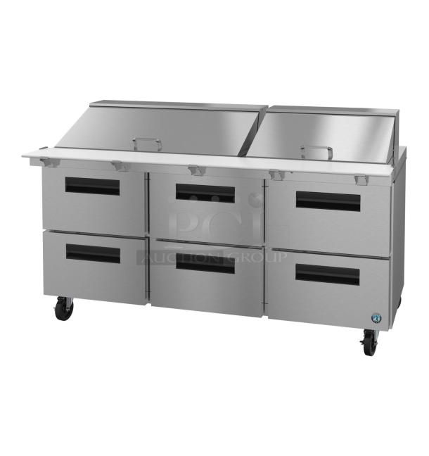 Brand new 2023 Hoshizaki SR72B-30MD6 commercial sandwich salad prep table, 4 drawers, 115V, 1 phase, scratch and dent.
