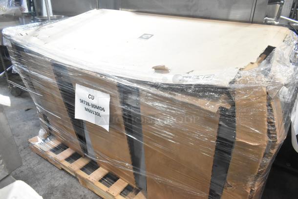 BRAND NEW 2023 Hoshizaki SR72B-30MD6 prep table in packaging, marked "scratch and dent," with visible model label.