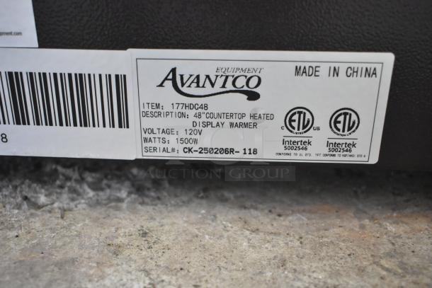 Avantco 177HDC48 heated display case label showing 48", 120V, 1500W, serial CK-250206R-118, ETL certified, made in China.