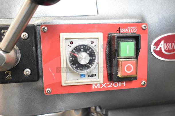 Avantco 177MX20H planetary dough mixer control panel with timer, power buttons, and branding label.