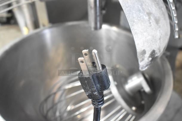 BRAND NEW Avantco 177MX20H 20 Quart Planetary Dough Mixer, features mixing bowl, bowl guard, whisk, and 120V plug.