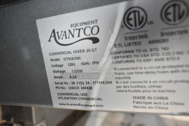 BRAND NEW Avantco 177MX20H 20 Quart Mixer, 120V, 1 Phase. Features mixing bowl, guard, whisk. Scratch and dent condition. Labels show model, specs.