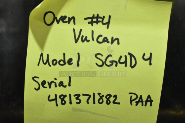 Vulcan SG4D4 convection oven label showing model and serial number 481371882 PAA.