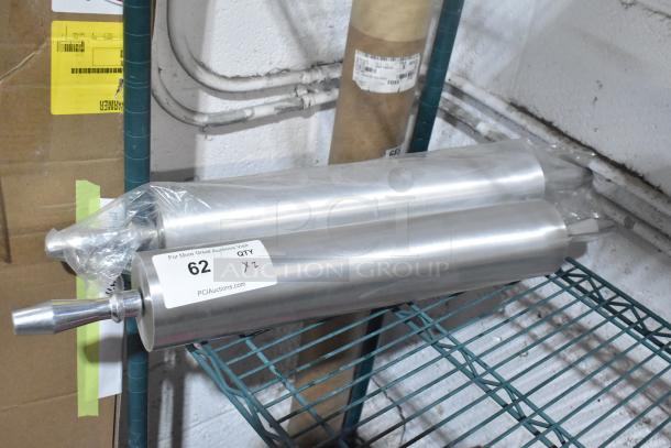 Two metal rolling pins, new, wrapped in plastic. Auction label: "62, QTY x2." Durable, stainless steel.