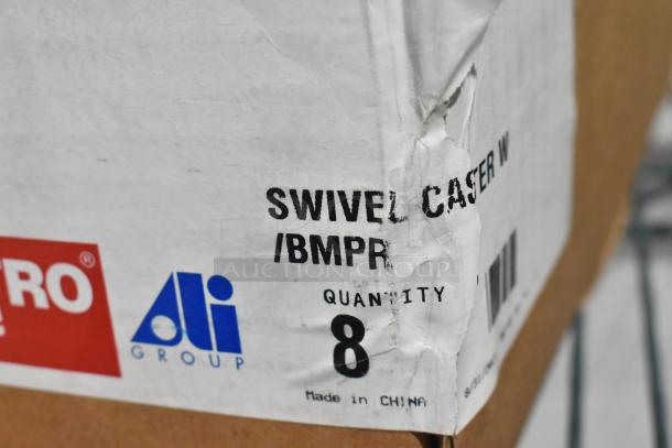 Lot of 4 Metro 5M 5" plated swivel stem casters, brand new with minor box damage, quantity 8 printed on label.