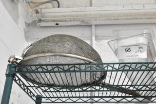 Set of 3 items: metal strainer and 2 clear poly drop-in bins on a wire shelf. Tag reads "QTY 3, 65, PCIAuctions.com."