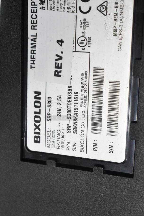 Bixolon SRP-S300 receipt printer label, model SRP-S300, 24V 2.5A, serial number SBKN8KA19111616.