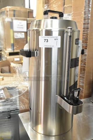 BRAND NEW Scratch & Dent Fetco TPD-30 344TPD30 Luxus 3 Gallon Coffee Dispenser, stainless steel, auction label visible.