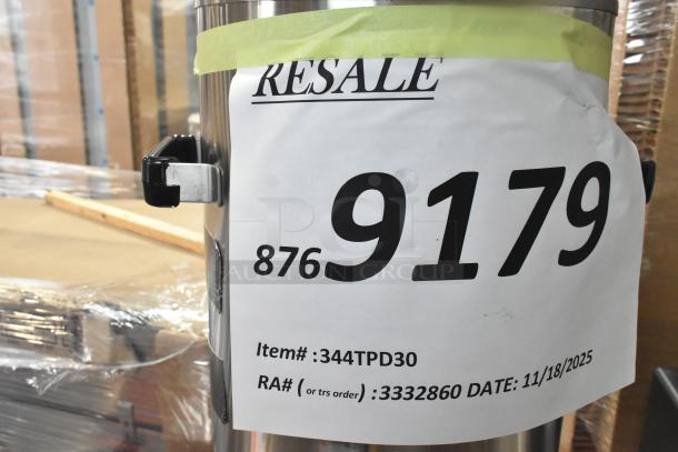 Fetco TPD-30 Luxus 3 Gallon Coffee Dispenser, brand new scratch and dent condition, Item# 344TPD30, resale label visible.