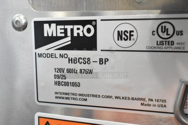 "Metro HBCS8-BP label, 120V 60Hz 875W, NSF certified, UL listed, Made in USA. Model HBCS8-BP, serial HBC001053."